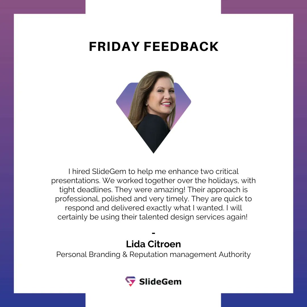 SlideGem's tweet image. See what people say about us!
Website: slidegem.com
Email: Hi@slidegem.com
WhatsApp: +923096302626

#FridayFeedback #SlideDesigner #ProPresentationDesigner
#testimonial #Powerpoint #designthinking #visualdesign