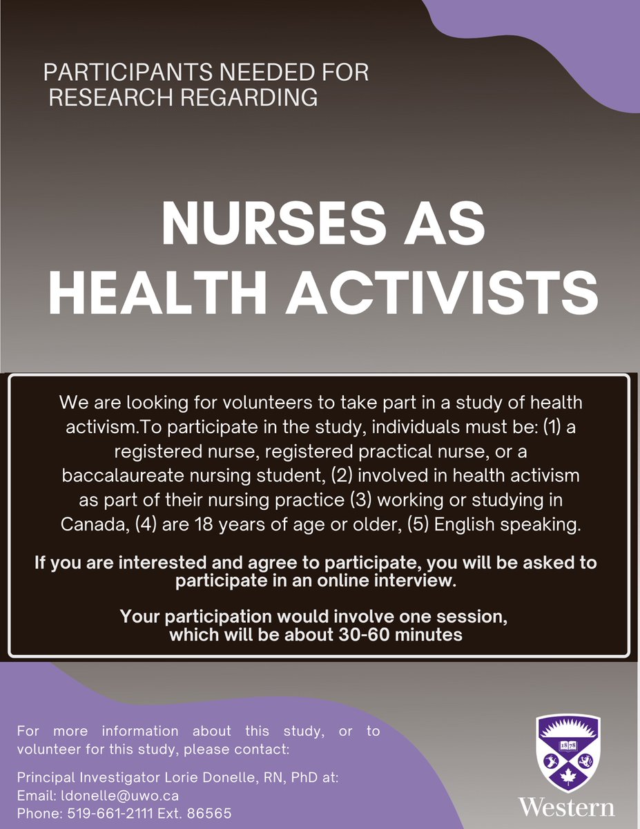 westernuNursing's tweet photo. Nurses as Health Activists: a new study led by @ldonell recruits RNs, RPNs, and baccalaureate nursing students to share their experiences. Are you involved in health activism through your nursing practice? @RNAO @collegeofnurses @canadanurses @LHSCCanada @stjosephslondon https://t.co/C4S0xmF5DF