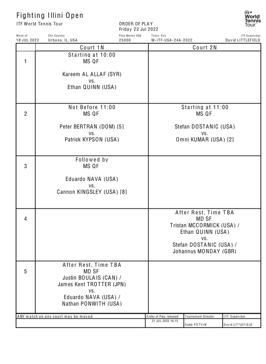 We’re down to two courts today! Streaming and scoring here: live.itftennis.com/en/live-scores…