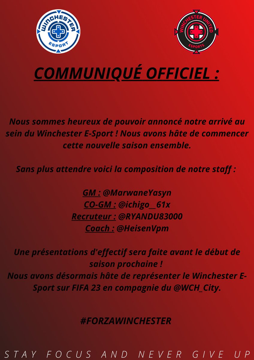 C'EST DÉSORMAIS OFFICIEL ! ❤️🖤
<a href="/ES_WINCHESTER/">Winchester E-Sport</a> 
#FORZAWINCHESTER