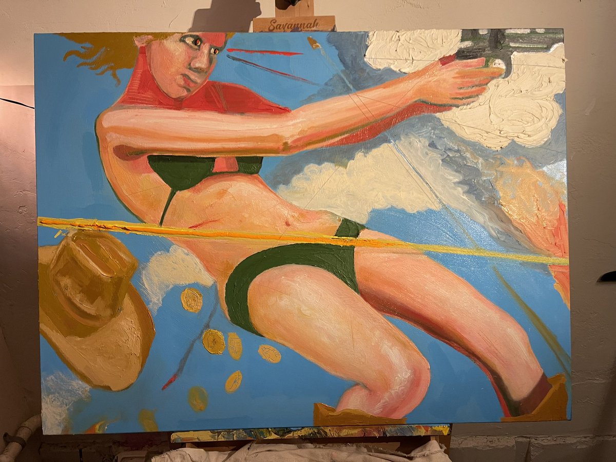 bigcomicart's tweet image. #backstabbed and bruised, but not down for the count. The #bitcoin #cowgirl stands her ground, #gunsblazing. Grit in her 🦷, laser focus in her 👀 s. #painting by (at)big #comic #art