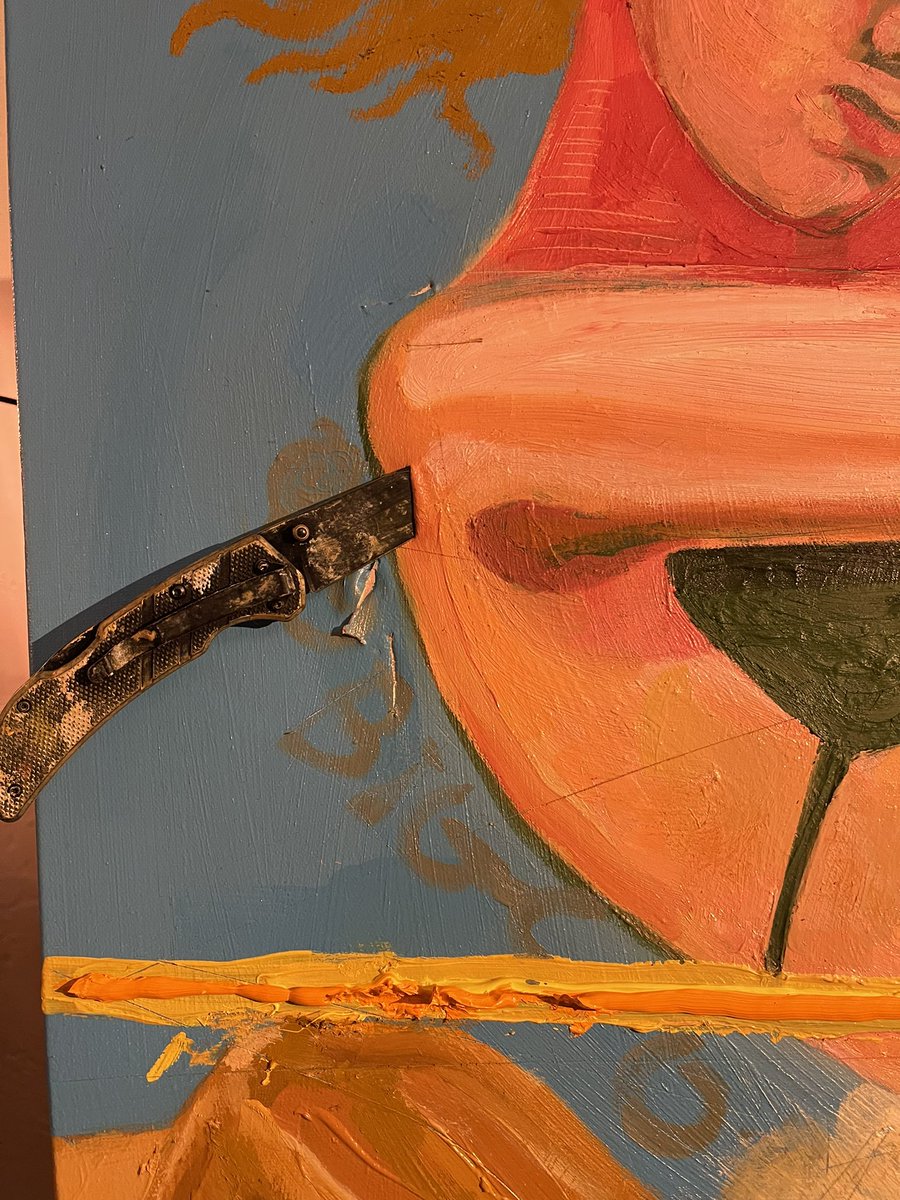 bigcomicart's tweet image. #backstabbed and bruised, but not down for the count. The #bitcoin #cowgirl stands her ground, #gunsblazing. Grit in her 🦷, laser focus in her 👀 s. #painting by (at)big #comic #art