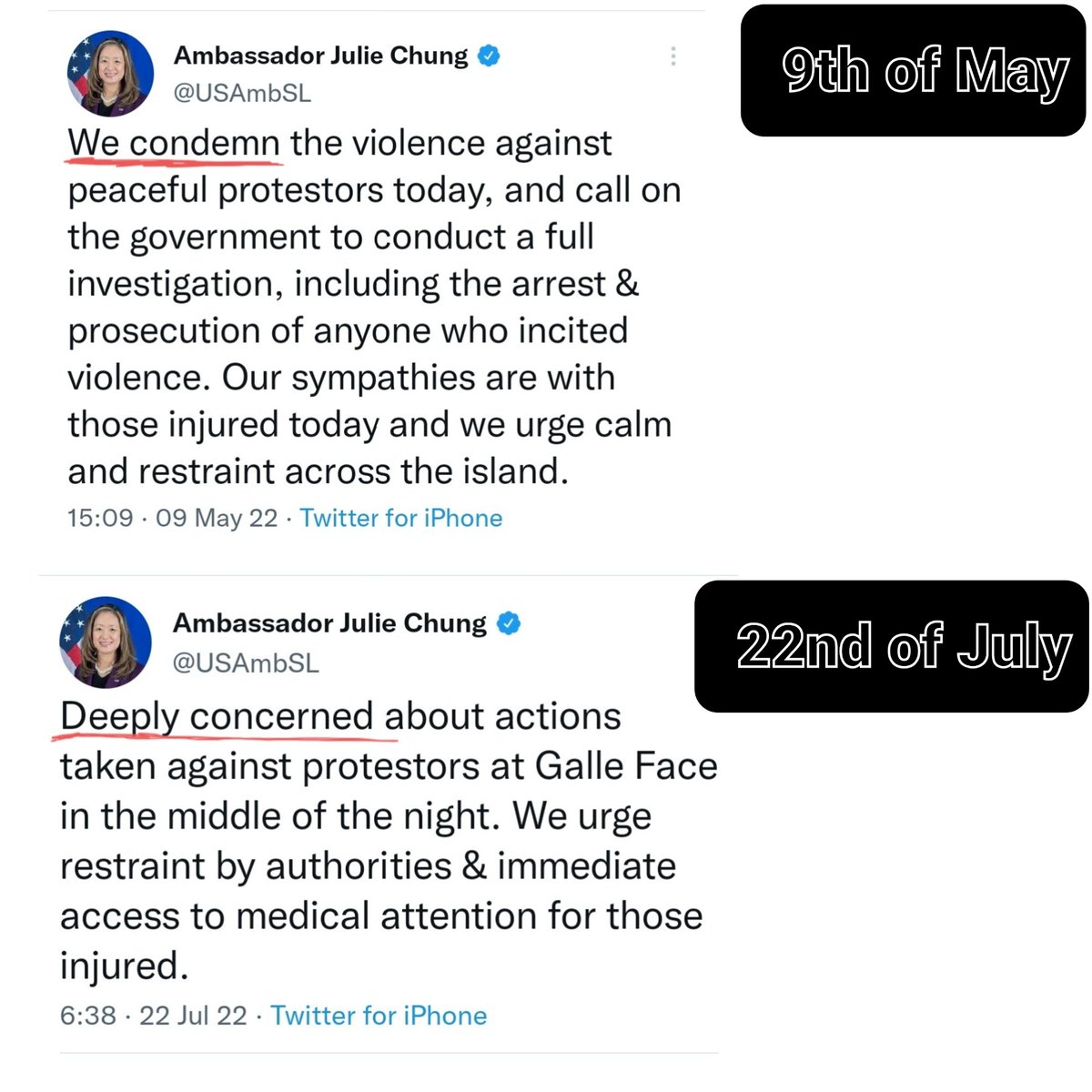 "Condemn" when its Rajapaksa's and Only "concerned" when Ranil. "Violence" when its Rajapaksa's and "Actions" when Ranil.

Tsk tsk..