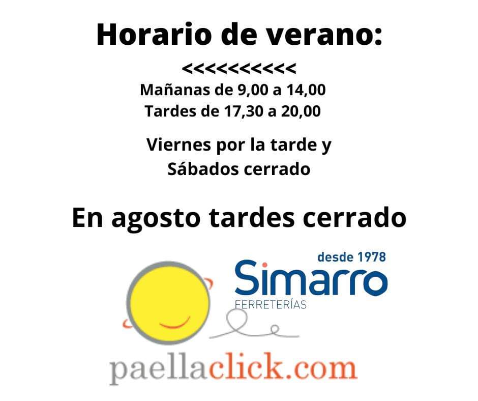Os comunicamos, que este <a href="/SimarroFerret_/">SimarroFERRETERIAS</a> no cerrará por vacaciones, las vamos a disfrutar a turnos de forma escalonada.

Muy agradecidos por la confianza que teneis en nosotros. 

Os deseamos un Feliz Verano!!!! 

Y recuerda que nuestra web paellaclick.com abre 24h al día