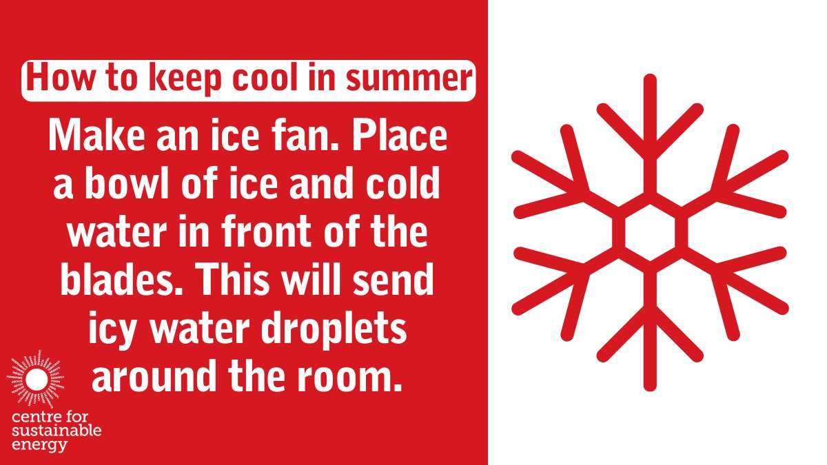 HelloCSE's tweet image. Our energy advisors have put together these top tips for staying cool inside during the summer ☀

Putting bowls of ice and cold water in front of a fan can help cool air down by sending icy droplets around the room🧊 More tips 👉bit.ly/3czwsbj #Summer2022 #HeatwaveTips