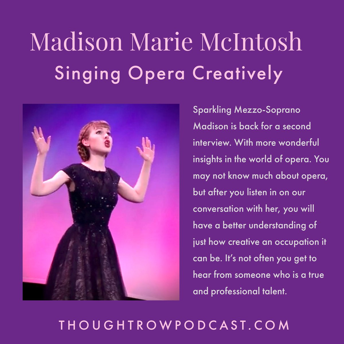 ThoughtRowVign's tweet photo. New Episode Madison Marie McIntosh – Singing Opera Creatively
https://t.co/uV7BFYJFUU Mezzo-Soprano Madison Marie McIntosh talks about her opera career & answers questions about singing opera & what it takes.
#thoughtrowpodcast #operasinger #opera #creativejourney #creativity https://t.co/QwWHCn6h1P