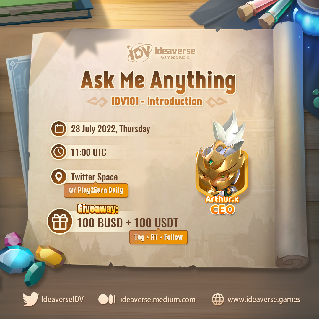 IdeaverseIDV's tweet photo. 🎙 Finally, our first #AMA 🔥🔥🔥

🏡 @PlayToEarnGames
⏰ 28th July 2022!  11:00 UTC
🎁 #USDTGIVEAWAY

1️⃣ Like + Retweet
2️⃣ Follow @IdeaverseIDV &amp; @hordeoftheapoc
3️⃣ Tag 3 Frens

📣Results after the AMA on https://t.co/0FBi7sQeWJ

#MobileGame #GameFi #web3 #NFTCommunity https://t.co/CDoXU96FIJ