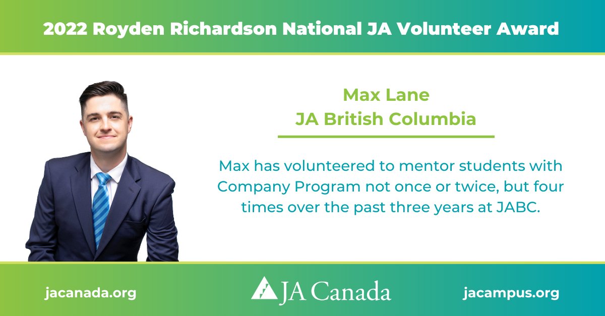 ja_canada's tweet photo. We're delighted to finish the week by celebrating a fantastic #volunteer from our network! 

Max Lane is one of the 2022 Royden Richardson National JA Award recipients in the category of Programs. 

Thank you Max for your continued support with 
@JA_of_BC !

#JABC #JACanada https://t.co/xHuxyvDQll