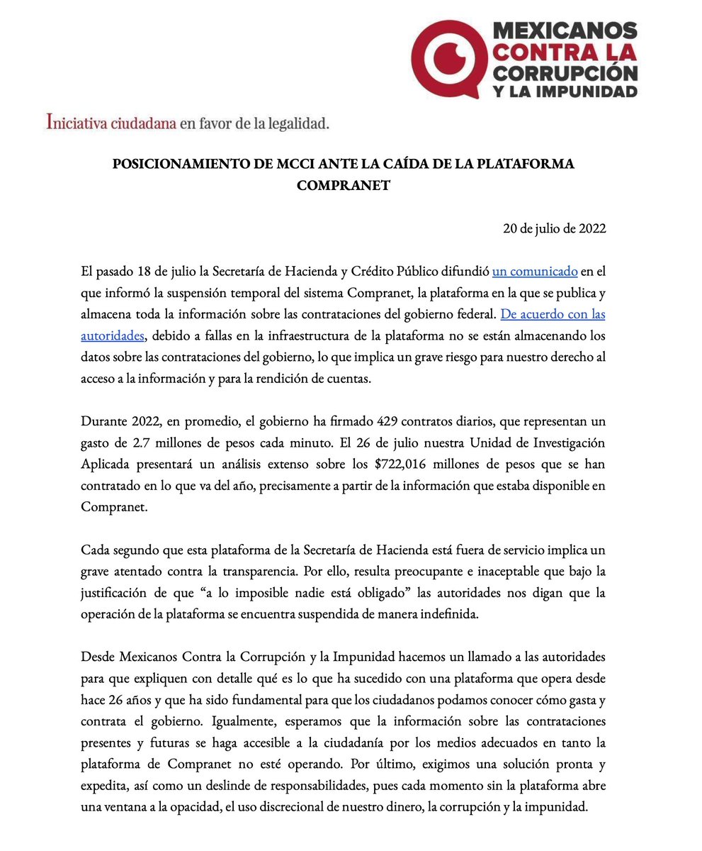 Hace exactamente UNA SEMANA dejó de funcionar el sistema de registro y difusión de los contratos del gobierno —CompraNet— por tiempo indefinido.

Hoy no podemos saber cómo el gobierno de <a href="/lopezobrador_/">Andrés Manuel</a> está gastando 2.7 millones de pesos por minuto.

DEBERÍA SER UN ESCÁNDALO.