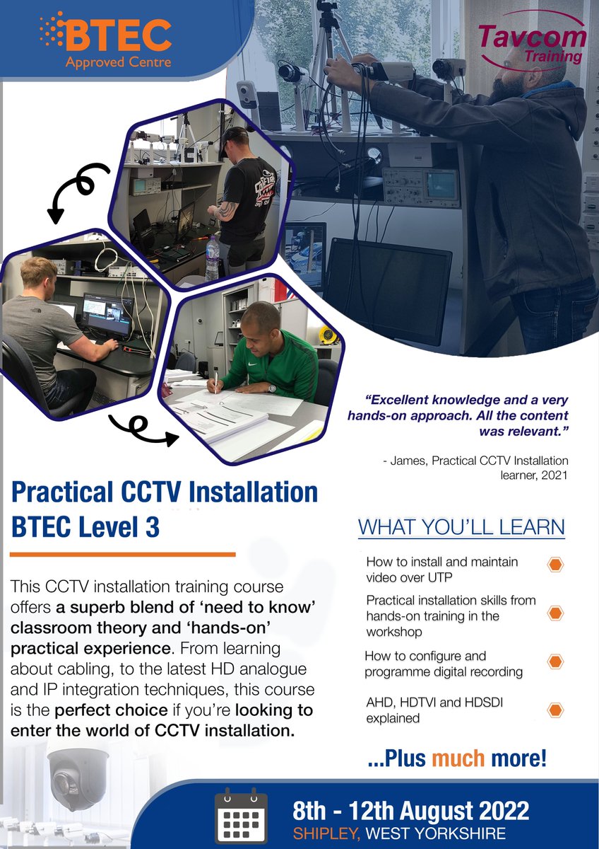 Need to learn key #cctv installation skills? Join our upcoming course this August in Shipley, Leeds, and gain practical knowledge of how to install CCTV to a high standard.
For more information on how to book, please call 01489 895099 or email sales@tavcom.com.