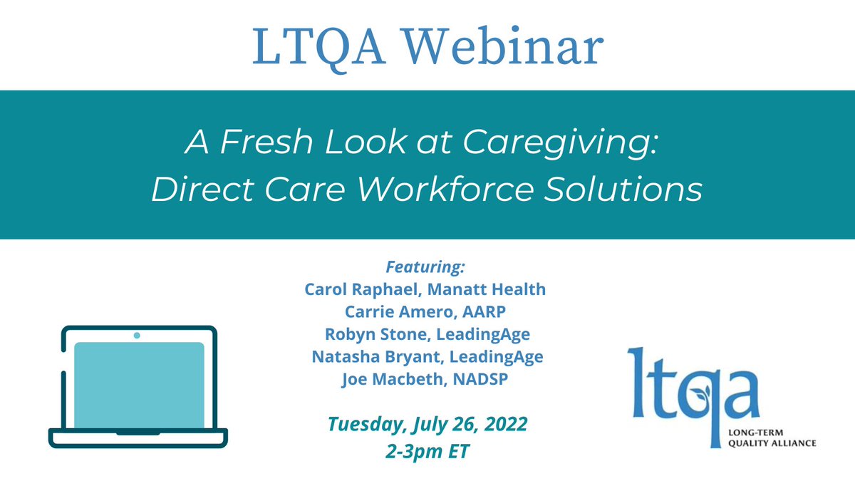 LTQA (@ltqa) on Twitter photo Happening next week! Join LTQA on July 26 from 2-3 pm ET for a solutions-focused webinar on direct care workforce shortages with speakers from <a href="/AARP/">AARP</a>, <a href="/LeadingAge/">LeadingAge</a>, <a href="/NADSP/">nadean palmer</a>, and <a href="/manatt/">manatt</a>. Register here: bit.ly/3mOt8uM Happening next week! Join LTQA on July 26 from 2-3 pm ET for a solutions-focused webinar on direct care workforce shortages with speakers from <a href="/AARP/">AARP</a>, <a href="/LeadingAge/">LeadingAge</a>, <a href="/NADSP/">nadean palmer</a>, and <a href="/manatt/">manatt</a>. Register here: bit.ly/3mOt8uM