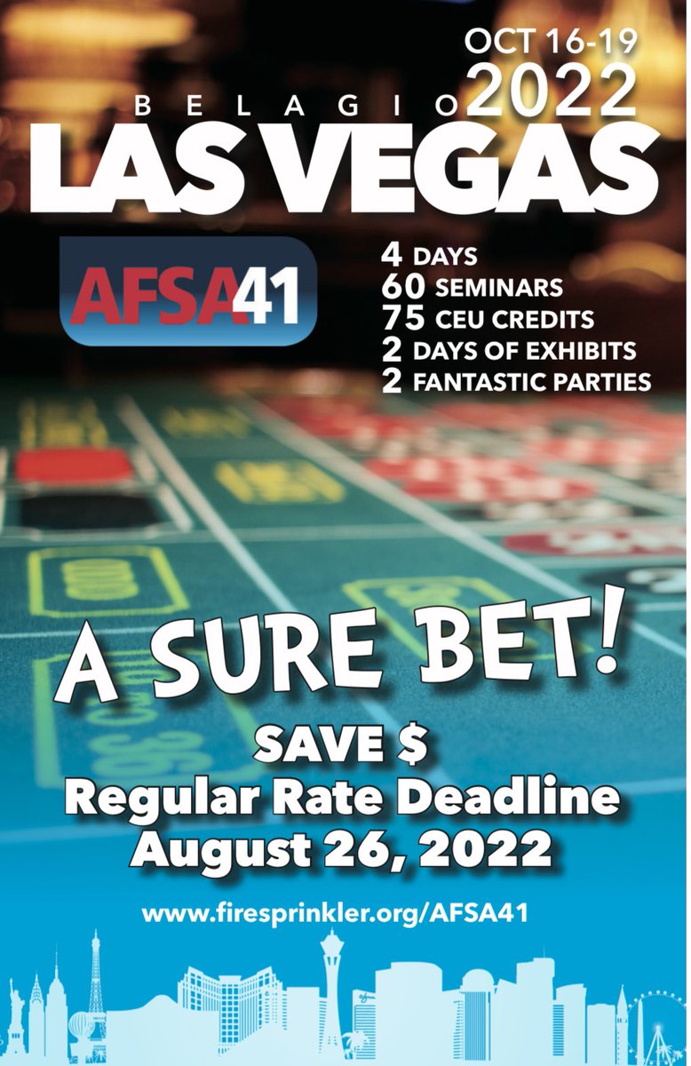 Save the date for <a href="/AFSA/">American Fire Sprinkler Association (AFSA)</a> national conference, October 16-19, 2022 at the Bellagio Hotel in Las Vegas! 🎰It’s a sure bet that you will learn lots and have a great time! Visit the link below to learn more and register today! 
lnkd.in/e5Qv3q-K

#afsa41 #firesprinkler