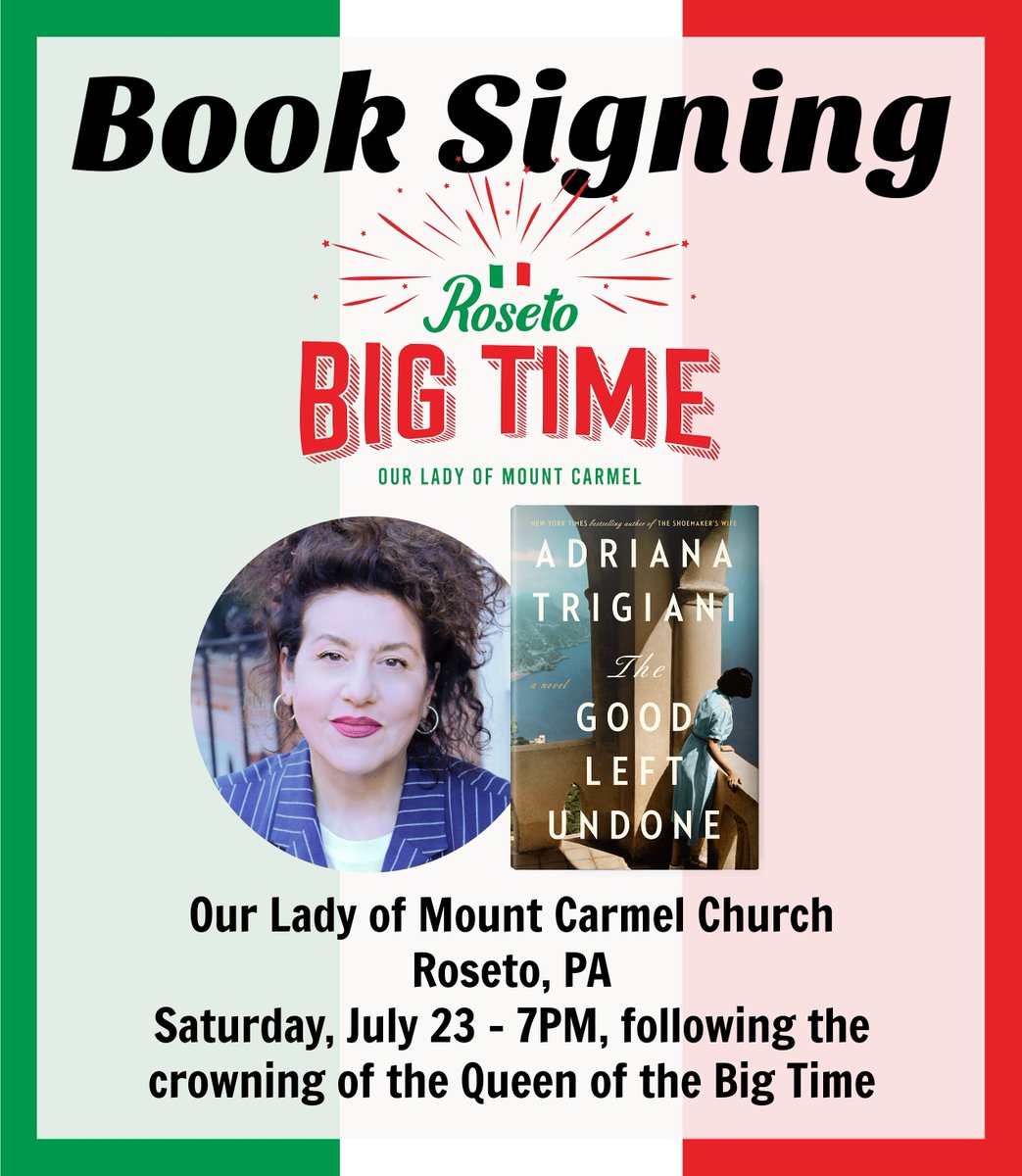 Meet me in person this weekend at the Roseto BIG TIME! I'll be signing books on the plaza of Our Lady of Mount Carmel Church tomorrow at 7pm! Bring your books! xxoo