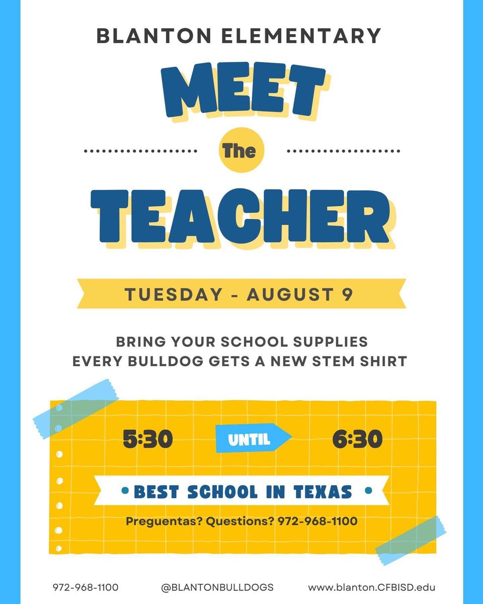 MrsSGillespie3's tweet photo. It’s just about that time @BlantonBulldogs! Popsicles with the Principals at 5:00 followed by Meet the Teacher at 5:30! 💙🐾 https://t.co/37rlsKr6dN