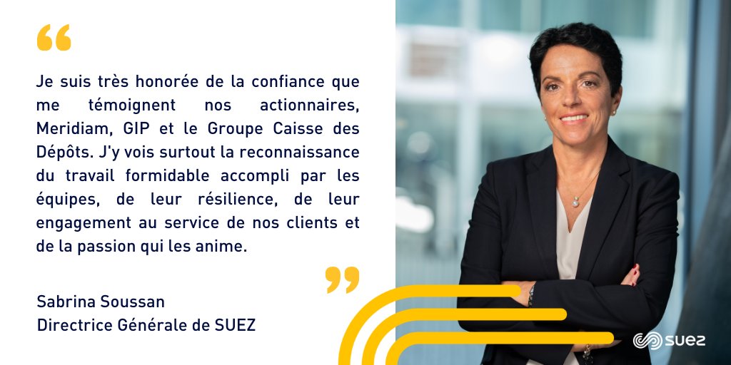 🆕 <a href="/SabrinaSoussan/">Sabrina Soussan</a> devient Présidente Directrice Générale de #SUEZ à partir du 1er août prochain. Les actionnaires ont accepté à l'unanimité la proposition de <a href="/ThierryDeau/">Thierry Déau</a>, Président en exercice.
Infos : suez.com/fr/actualites/…