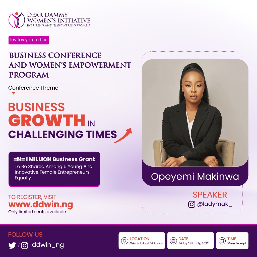 7 days to go!

Opeyemi Makinwa is a seasoned career woman and entrepreneur.

She will be sharing her story and tips on balancing work life while succeeding in business.