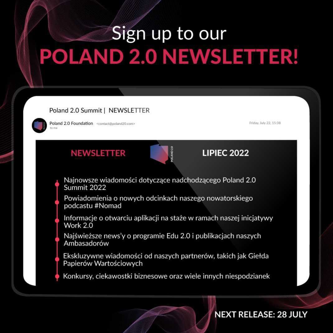 Poland20summit's tweet photo. Chcesz byÄ na bieÅŒÄ
co z informacjami o Poland 2.0 Summit? InteresujÄ
ciÄ newsây zwiÄ
zane z #Edu20 i #Work20? A moÅŒe pragniesz otrzymywaÄ dawkÄ ekskluzywnych wiadomoÅci od naszych partnerów? Zapisz siÄ do naszego Newslettera juÅŒ dziÅ!
Kolejne wydanie 28 lipca. ð https://t.co/BEm6X66CDO