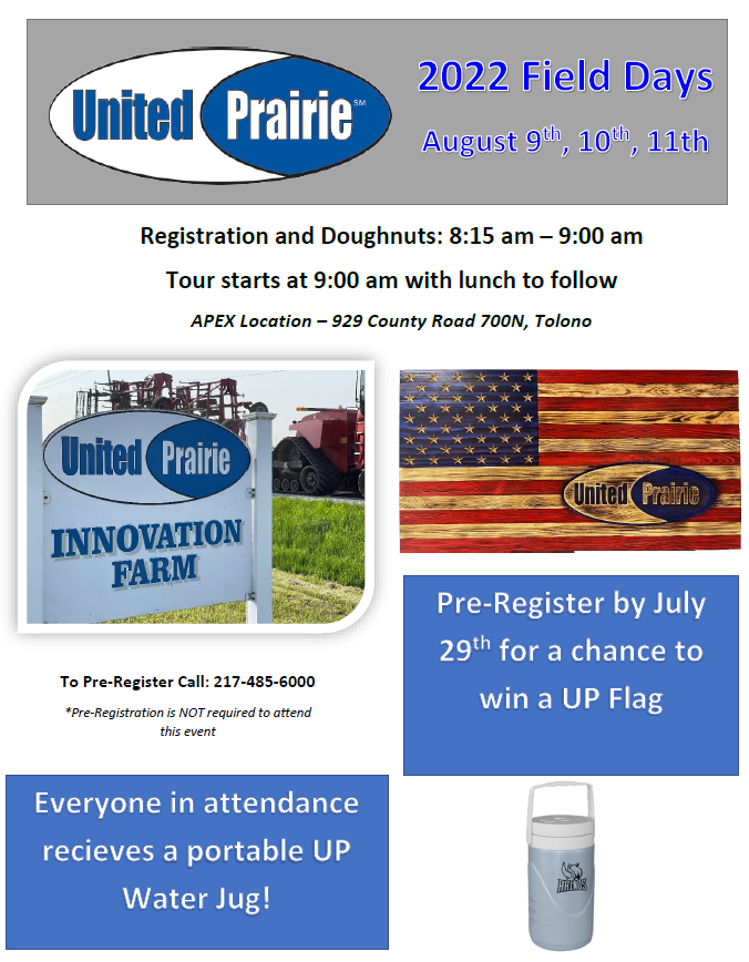 It is Time! The 2022 Innovation Farm Field Days are here.  Please Pre-Register for one of our dates in August. Call (217) 485-6000 - Thank you