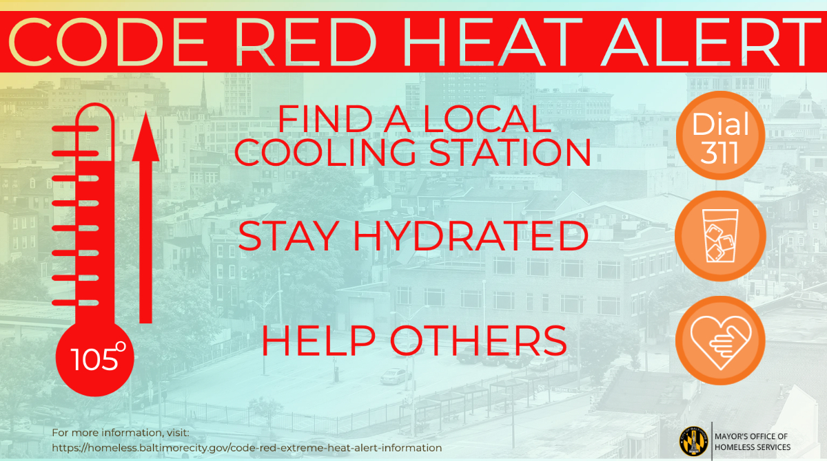 REMINDER: A Code Red Extreme Heat Alert is still in effect thru Sunday, 7/24. Please hydrate and find cool shelter. To locate cooling centers, call 311. Resources for neighbors experiencing homelessness can be found here: homeless.baltimorecity.gov/code-red-extre….