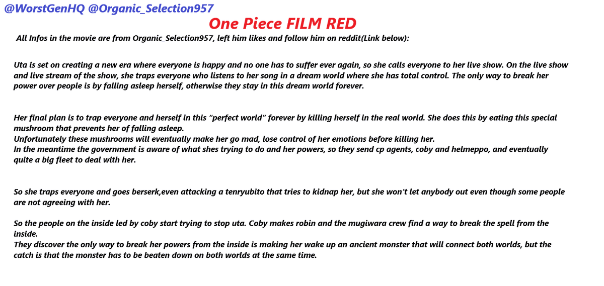 WorstGenHQ's tweet photo. #OP_FILMRED 
Spoiler Alert!!!
Thanks to Organic_Selecetion957, an small summary of the events for the movie, avoid my picture if you don´t wanna spoiled on it, thanks!!
Part1/Part2, Spoilers to Film RED: https://t.co/5pmAVQOyjN