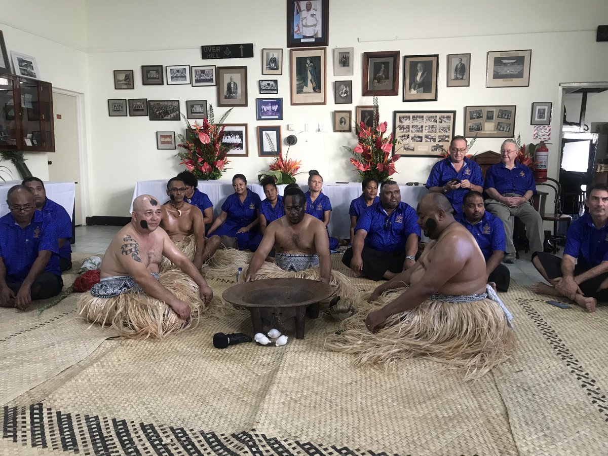 ScotsMasons's tweet photo. GMM's visit to Lodge Polynesia in Fiji - 1: traditional welcome ceremony; 2: wives of Lodge members with floral decoration; 3: wives with garland made for the GMM; 4: Fijian Consecration Vessels and traditional cloth we purchased: green for GLoS and blue for the Lodge Regalia. https://t.co/UprgQ5fNCj