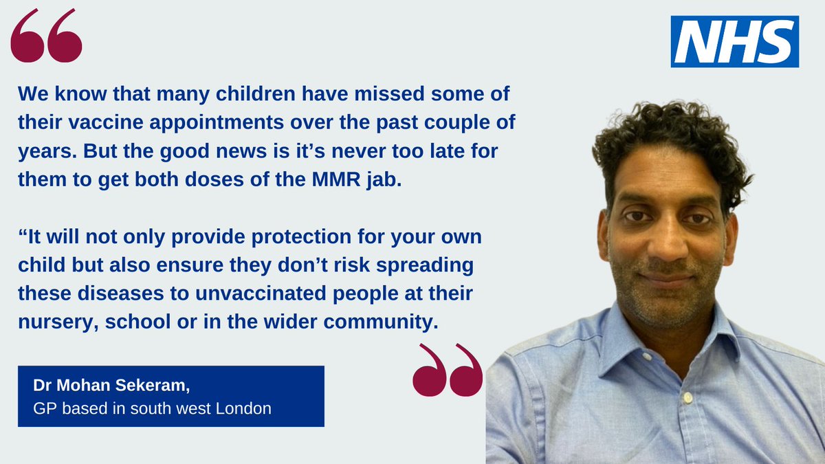 If your child is overdue their MMR vaccines, it’s not too late. Your child needs two doses for the best protection against measles, mumps and rubella, as <a href="/SekeramMohan/">Mohan sekeram</a> explains.
 
Contact your GP practice to get them vaccinated as soon as possible.
 
💻 nhs.uk/MMR
