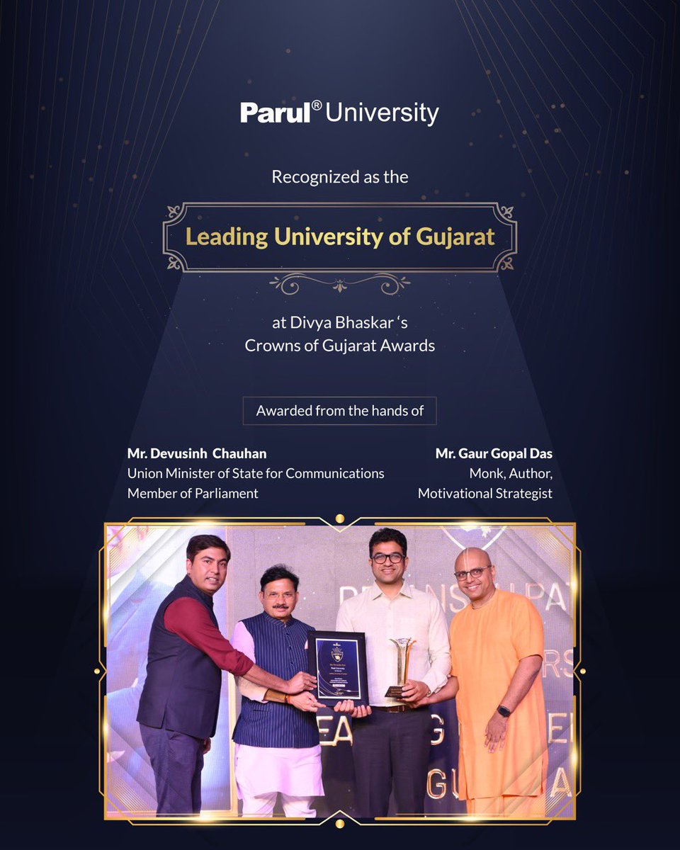 drdevanshupatel's tweet photo. Parul University was felicitated with the award for “Leading University of Gujarat” at the Crowns of Gujarat, an award ceremony organised by Divya Bhaskar. 
The award was given by the hands of Gaur Gopal DasJi and Union Minister of State for Communications, Shri Devusinh Chauhan. https://t.co/p4YmfSeAmH