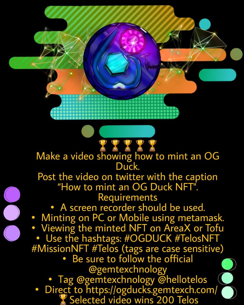 mygemify's tweet photo. Twitter Contest π’π’π’
Create a video and stand to win 200 $TLOS π
#OGDUCK #MissionNFT #TelosNFT https://t.co/DuLmkBq2jg