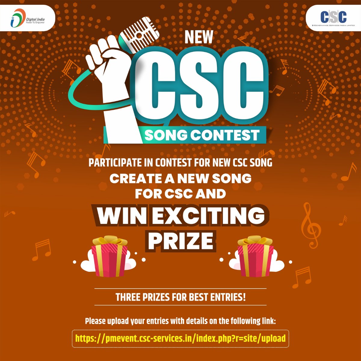CSCegov_'s tweet photo. PARTICIPATE IN A CONTEST FOR A NEW CSC SONG...
CREATE A NEW SONG FOR CSC & WIN AN EXCITING PRIZE...
THREE PRIZES FOR BEST ENTRIES!
Please upload your entries with details on the following link: https://t.co/3a9Mr6mUOT
#CSC #DigitalIndia #RuralEmpowerment #CSCSongContest https://t.co/q7K0Jj1J1G