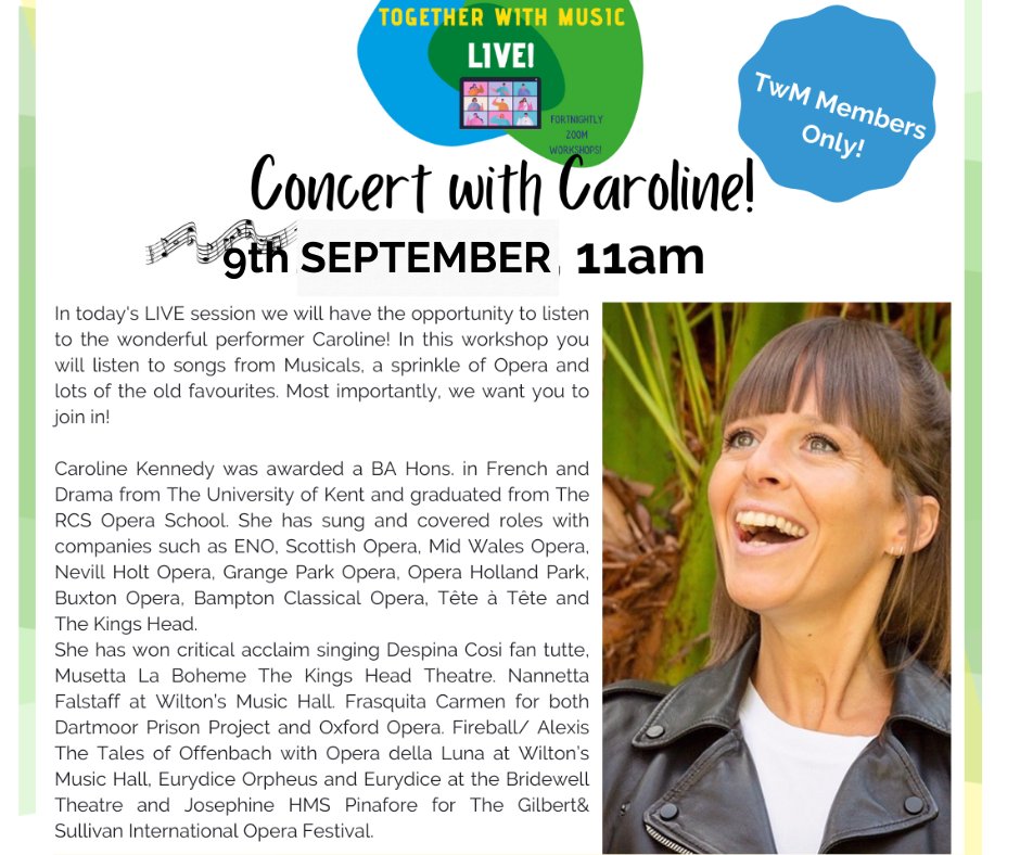 🎤 For the last of our members only live sessions for the summer we have a very special concert from singer Caroline who has been a favourite from some of our past sessions. 
Sign up through your members zone on our website and we will see you this Friday from 11am!

<a href="/IMMmusicUK/">Intergenerational Music Making</a>