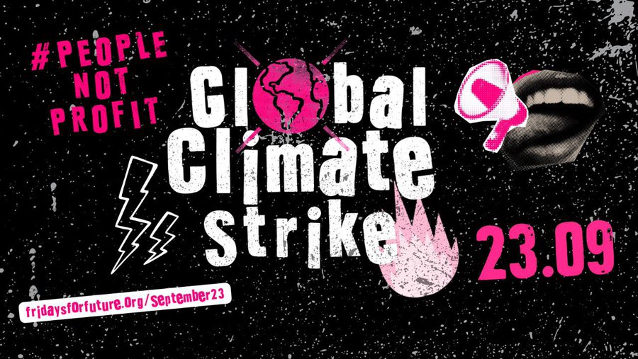 The phrase Global Climate Strike is written in the middle in white with the date September 23, hashtag people not profit, and website link Fridays for future dot org slash September 23 in pink written on the sides. there are also lightning symbols, flames, the earth, and a mouth with a megaphone