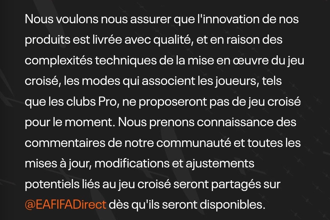 Tien.. tien.. une réponse de la part EA, merci d'avoir lu notre message mais comprennez nous, nous voulons plus de reconnaissance pour le mode Club Pro c'est le meilleur mode de jeu actuel ! 🙏
 
@EA_FIFA_France
#SaveProClubs