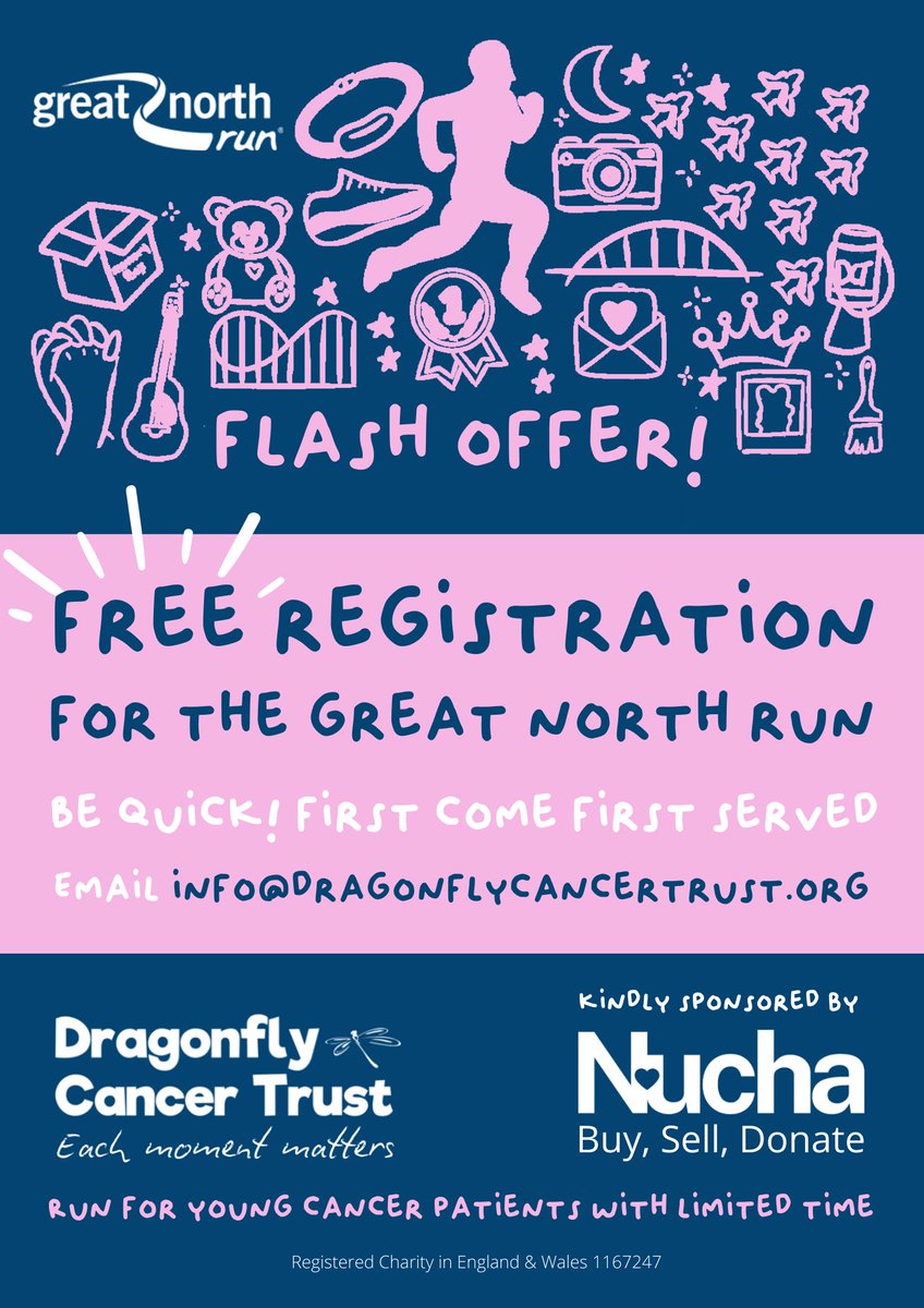 dragonflytweets's tweet photo. ⚡️FLASH OFFER⚡️
Free registration for ten lucky runners to join our Great North Run team! Kindly sponsored by our friends @get_nucha 
Be quick! First come, first served. 
Email info@dragonflycancertrust.org 🏃🏃‍♂️
Please RT @RunningDiary @NCLairport @SteffenPeddie @Mincoffs https://t.co/RPkPjNlouA