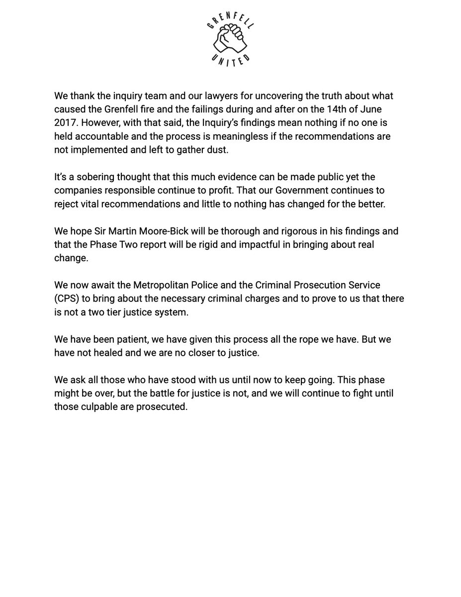 GrenfellUnited's tweet photo. Following the conclusion of Module 8, we are left reflecting on the last 4 years; the exposed evidence &amp; the lack of meaningful change. 

This is particularly hard to accept with the process ending on the graphic details in which we lost our loved ones. Our full statement below: https://t.co/ZmcMwVjAXc