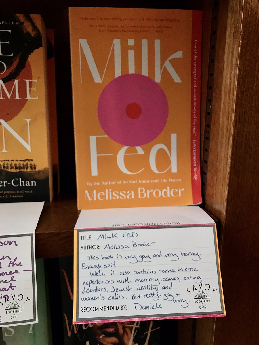 recdyourbook's tweet photo. Hi, @melissabroder! Milk Fed is one of my favorite books of all time, so I wrote a shelf-talker for it at Savoy Bookshop &amp; Café so others will read it too! I’m also reading The Pisces right now and loving it. https://t.co/a52OlHKL8e