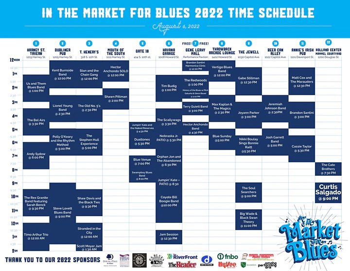 📣 Schedule of Events for In The Market For Blues on Aug. 6, 2022!
🔗 Click here for pdf version: bit.ly/22OmahasBluesF…
🎟 Click here to purchase tickets:  OmahasBluesFest22.eventbrite.com 
🅿️ Available parking garages here ParkOmaha.com
#OmahasBluesFest #Omaha #OmahaMusic