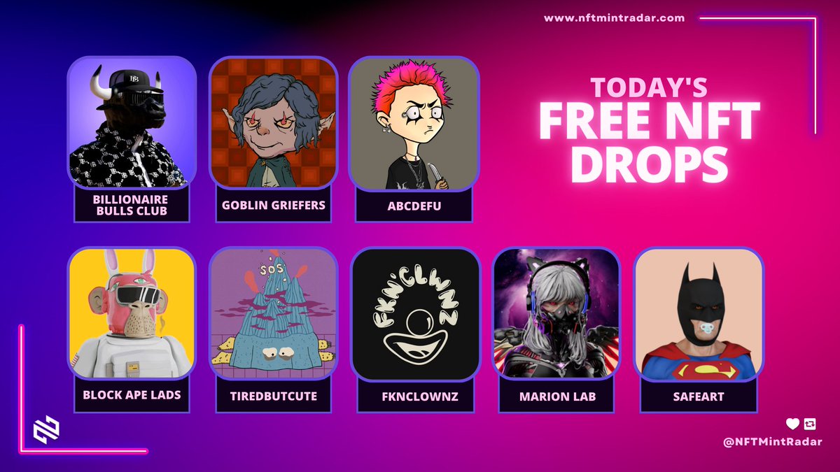 NFTMintRadar | Upcoming NFTs (@nftmintradar) on Twitter photo 🔥Today's FREE NFT Mints🔥
#Solana
🆓@BBullsNFT
🆓@Goblin_Griefers
🆓<a href="/emokids_nft/">ABCDEFU 🖤🔪🧨🧷🧸</a>
#Ethereum
🆓<a href="/BlockApeLads/">BLOCK APE LADS</a>
🆓<a href="/tiredbutcuteNFT/">Tired But Cute</a>
🆓<a href="/FknClownz/">FknClownz</a>
🆓<a href="/marionlab_io/">Marion Lab | SOLD OUT!</a>
🆓@Safeart_io
#NFT #NFTs #FreeMint #NFTCommunity #ETH #FreeNFT
Details➡️nftmintradar.com/free-nft-mints 🔥Today's FREE NFT Mints🔥
#Solana
🆓@BBullsNFT
🆓@Goblin_Griefers
🆓<a href="/emokids_nft/">ABCDEFU 🖤🔪🧨🧷🧸</a>
#Ethereum
🆓<a href="/BlockApeLads/">BLOCK APE LADS</a>
🆓<a href="/tiredbutcuteNFT/">Tired But Cute</a>
🆓<a href="/FknClownz/">FknClownz</a>
🆓<a href="/marionlab_io/">Marion Lab | SOLD OUT!</a>
🆓@Safeart_io
#NFT #NFTs #FreeMint #NFTCommunity #ETH #FreeNFT
Details➡️nftmintradar.com/free-nft-mints