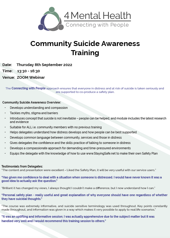 4_MentalHealth_'s tweet photo. Great to be working with @MSEssex_ICS in marking #WorldSuicidePreventionDay 💜

Delighted to offer FREE places on 4MH Community Suicide Awareness Web Conference:

🗓️8th Sept: 13:30-16:30 BST

Use code: WSPD22 in checkout below to book your FREE place ⬇️
https://t.co/XBsUcmPczj https://t.co/ClNwQbM3KN