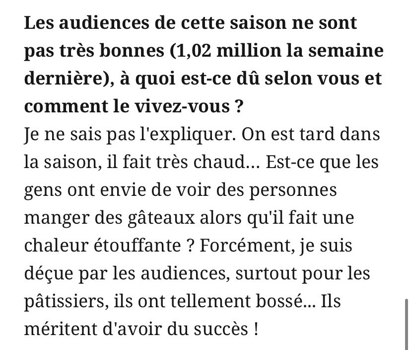 NMalaboeuf's tweet photo. @marieportolano sur l’échec de #LMPLesProfessionnels : « On est tard dans la saison, il fait très chaud… Est-ce que les gens ont envie de voir des personnes manger des gâteaux alors qu’il fait une chaleur étouffante ? Forcément, je suis déçue par les audiences » (TVMAG) https://t.co/PD1L3r4IJG