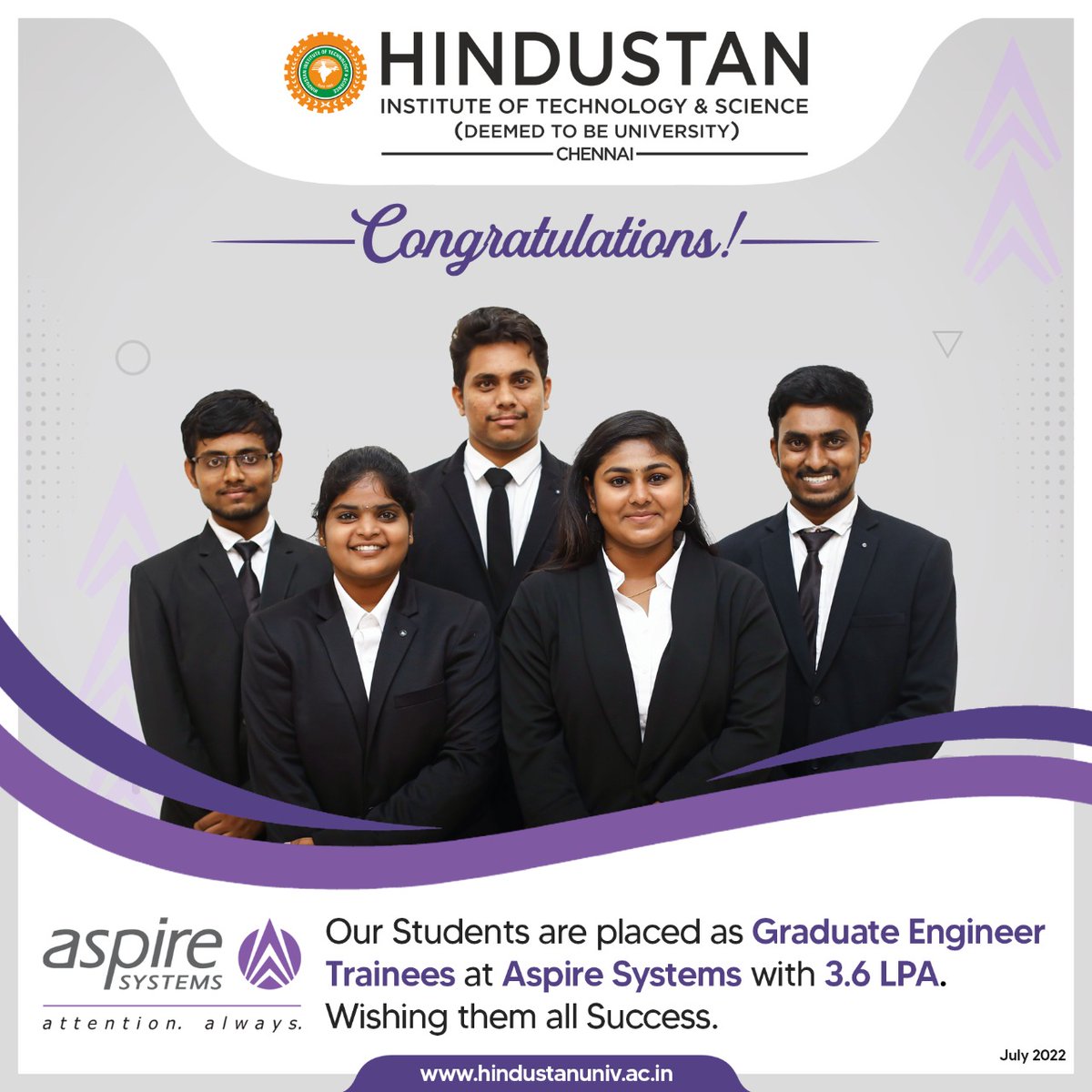 HindustanUni's tweet photo. Our best wishes to the students of ECE and IT Dept. who got placed in Aspire Systems as Graduate Engineer Trainees with the package of 3.6 LPA. We wish them all the success.
#HITS #MyHindustan #HindustanUniversity #AspireSystems #Placements #Engineering #Career #Trainee https://t.co/CXz9Ljp26C