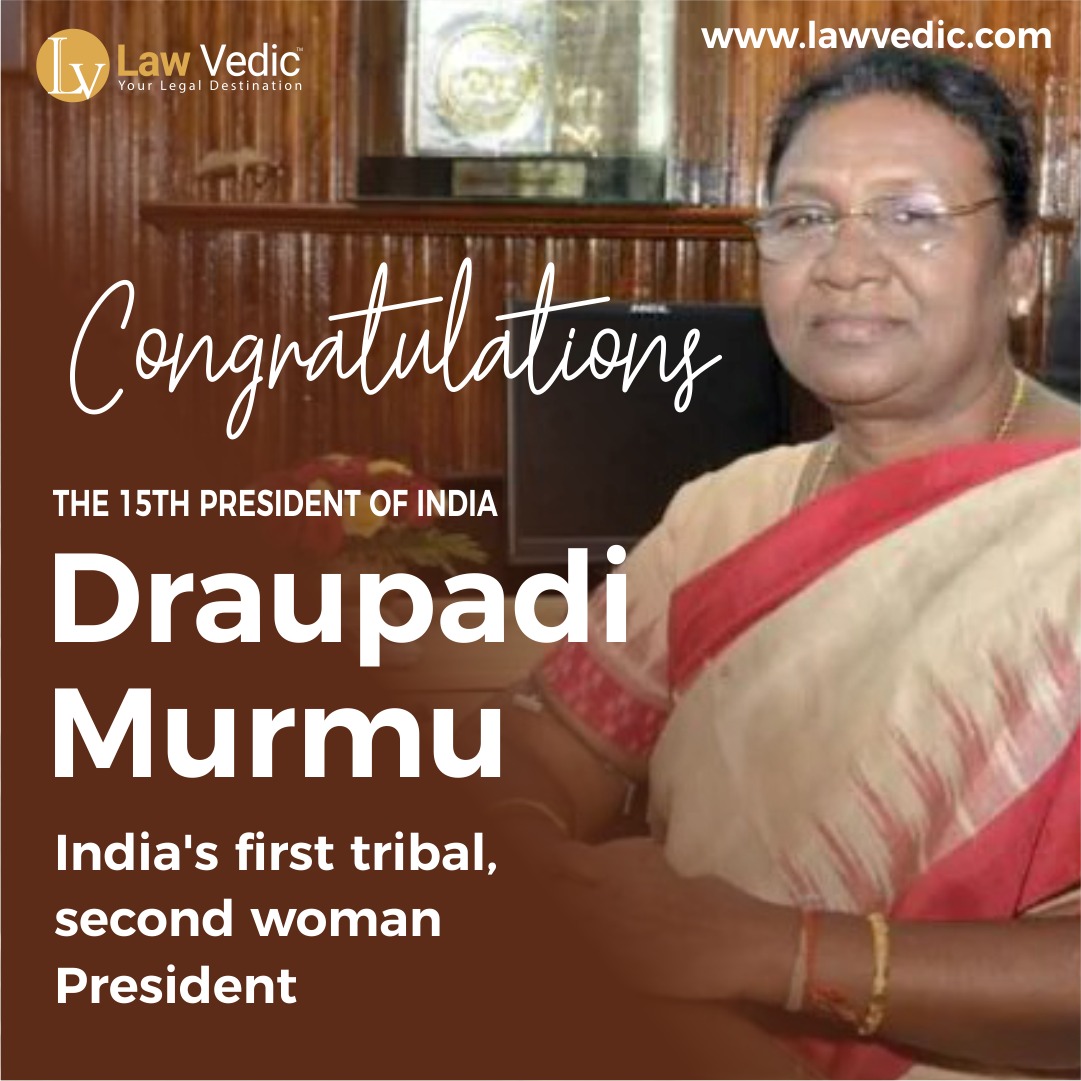 LawVedic's tweet photo. Congratulating India's 1st tribal and the 2nd woman to be elected as President, Ms. Draupadi Murmu. 
Murmu was appointed the 1st woman Governor of Jharkhand in May 2015 and was also Minister in the Odisha Government between March 2000 and May 2004. #LawVedic #President https://t.co/Id48aTu3fm