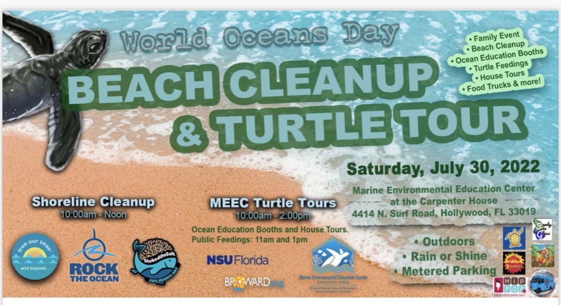 Join us July 30th!  Beach clean up with <a href="/StokedOnSalt/">Stoked On Salt</a> and <a href="/freeourseas/">Free Our Seas and Beyond</a>!!
 
Beach Clean Up! Food Trucks! Sea Turtle Feeding! And More!

4414 N. Surf Rd, Hollywood Fl