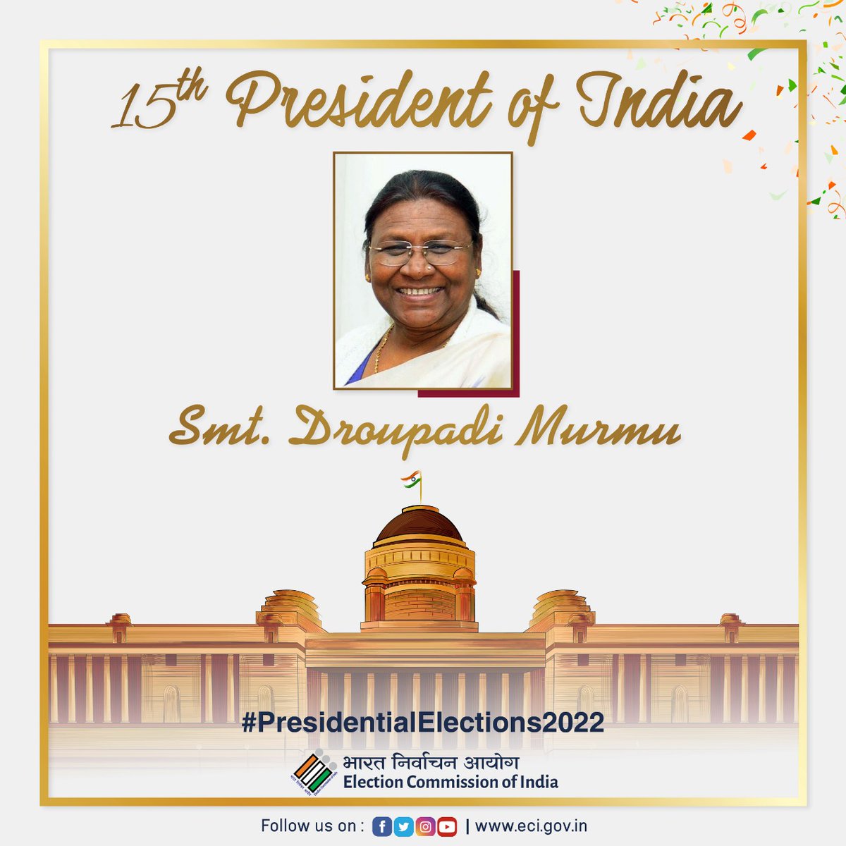 ECISVEEP's tweet photo. Shrimati Droupadi Murmu to take oath as the 15th President Of India on July 25, 2022.

#PresidentialElections2022
#ECI https://t.co/fkU0d9MDdb