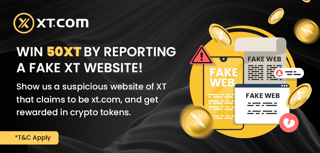 XTexchange's tweet photo. 📣 WIN 50XT by reporting a fake XT website!

⏰Duration: July 22, 2022 - August 21, 2022

How to participate and for more details👇
https://t.co/9UYrBPzufu https://t.co/EMfgjovAXe