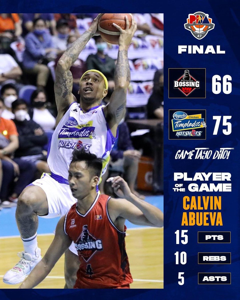 pbaconnect's tweet photo. FINAL:  75-66 in favor of the Magnolia Chicken Timplados Hotshots

Best Player: Calvin Abueva with 15 points, 6/10 FGs, 10 rebounds and 5 assists. 

#PBAGameTayoDito https://t.co/LaQp1aH0WU