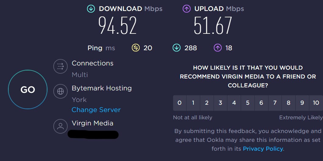 HarrierGR3's tweet photo. @virginmedia 94 mbps Wired - 56mbps Wireless - Kids are all out so not online and other than a couple of Alexa's there's nothing massively using the bandwidth - Can I pay 10% of my bill for the less than 10% of what I'm paying you for? https://t.co/wKKsJZb2tA