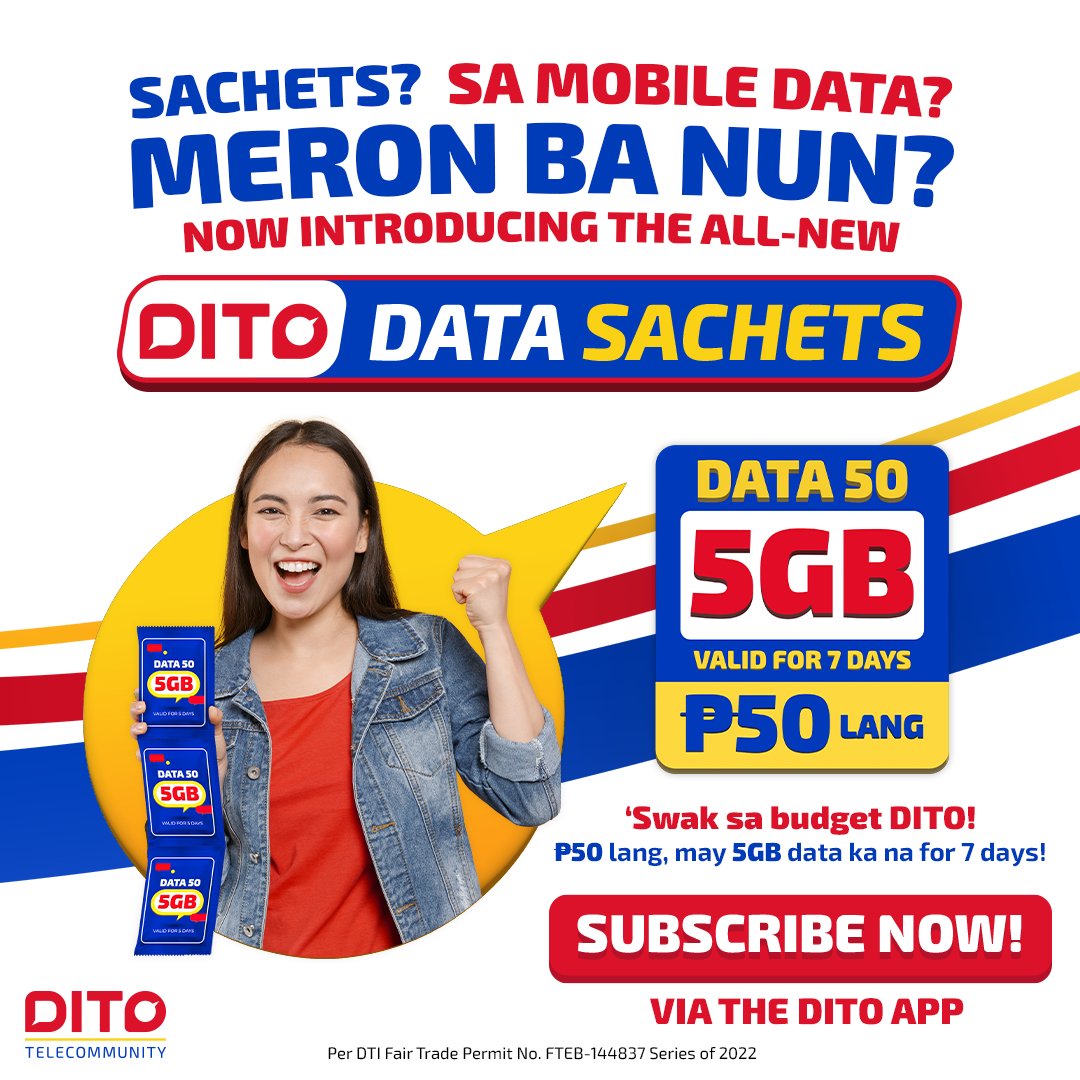 DITOphofficial's tweet photo. Play lang ng play with the squad for only P50! Enjoy 5GB mobile data valid for 7 days when you subscribe to the DITO Data 50 Sachet! Now available on the DITO APP! Subscribe na!

Per DTI Fair Trade Permit No. FTEB-144837 Series of 2022​

​#DITOTelecommunity #DITODataSachets https://t.co/nk4ttDMbke