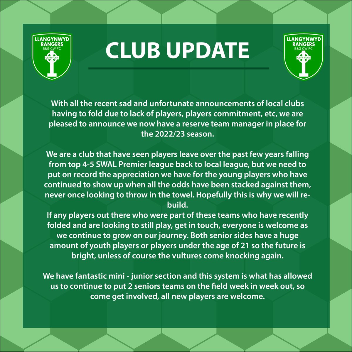 LlanRangers's tweet photo. Club update….
Please see below.#greenarmy 💚🤍⚽️ https://t.co/H5I5AGOrby