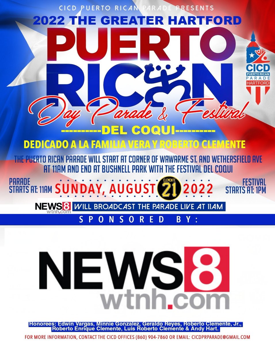 <a href="/HFDPRParade/">Hartford PR Parade</a> is proud to announce that our Media Partner <a href="/WTNH/">WTNH News 8</a> will provide live coverage of this year's 2022 Greater Hartford Puerto Rican Day Parade &amp; Festival del Coqui - August 21, 2022 beginning at 11 a.m.
<a href="/richjgraziano/">Rich Graziano</a>