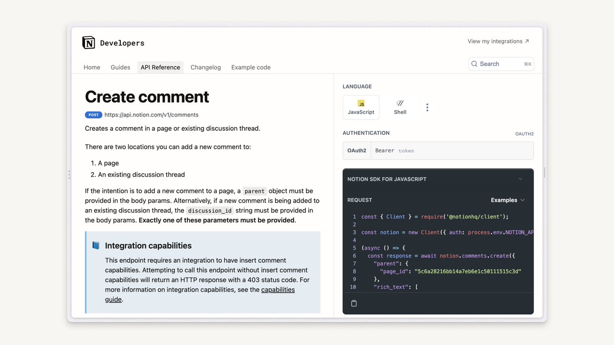 This web browser shows the “Create comment” guide on the Notion developer portal. The left side of the guide has text-based instructions on how to create comments using the new comments API. The right side displays a Javascript code example. The code is colored purple, blue, red and green and set against a rectangular black box.